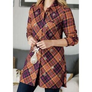 Soft Surroundings Plaid Flannel Tunic Top Womens M Jeweled Western
